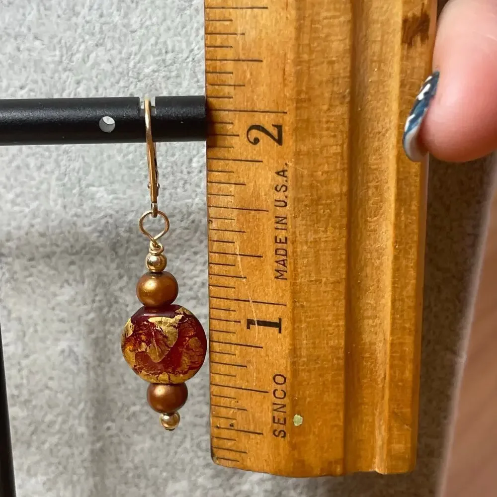 Handmade glass bead freshwater pearl orange gold earrings - Picture 4 of 5